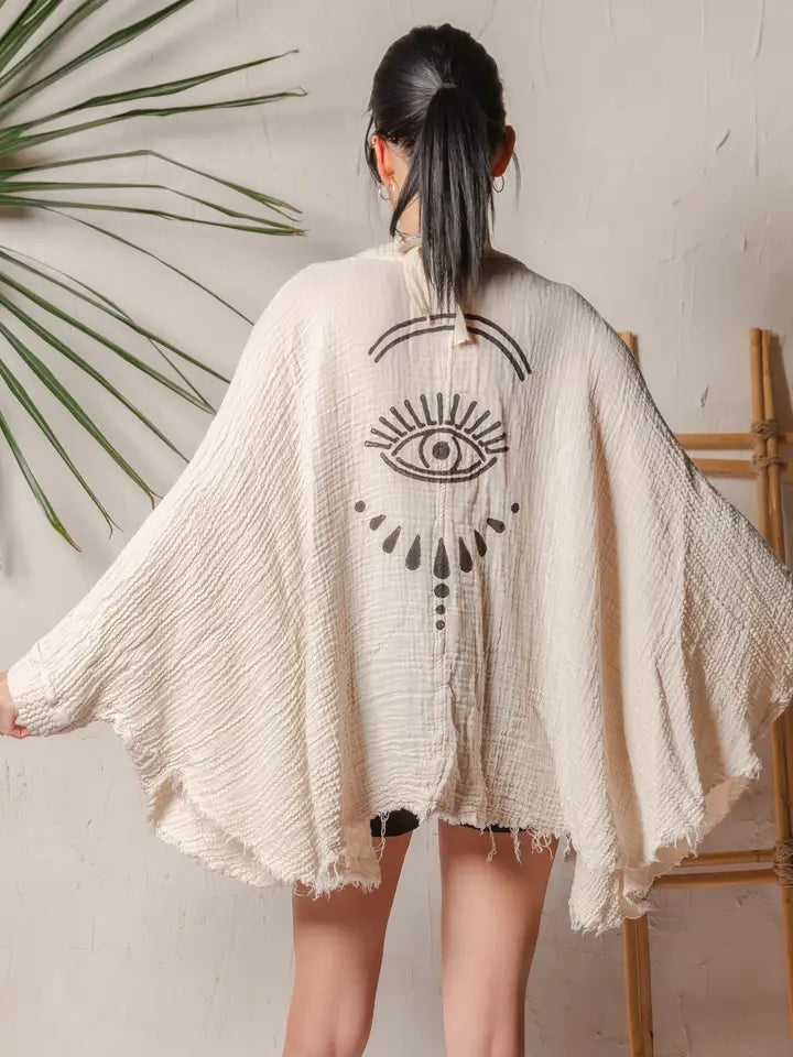 CREAM EVIL EYE MUSLIN ROBE - KIMONO