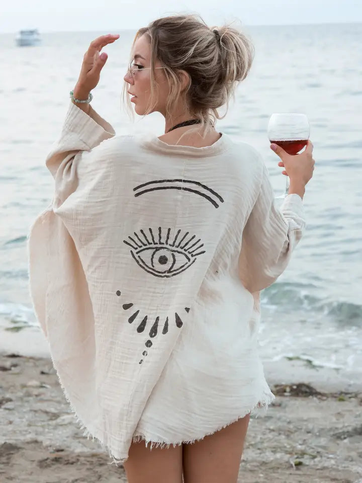 CREAM EVIL EYE MUSLIN ROBE - KIMONO