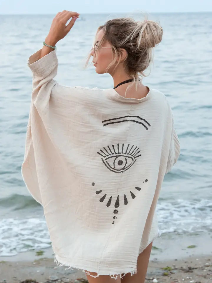 CREAM EVIL EYE MUSLIN ROBE - KIMONO