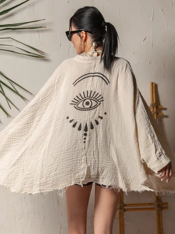 CREAM EVIL EYE MUSLIN ROBE - KIMONO
