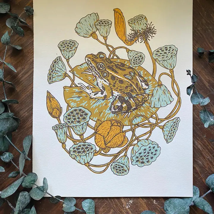 FROG, LOTUS PODS, AND LOTUS FLOWERS GICLEE PRINT