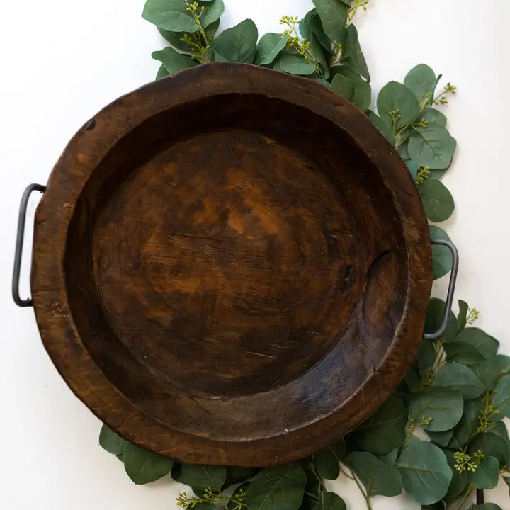 LARGE ROUND WOODEN BOWL WITH HANDLES