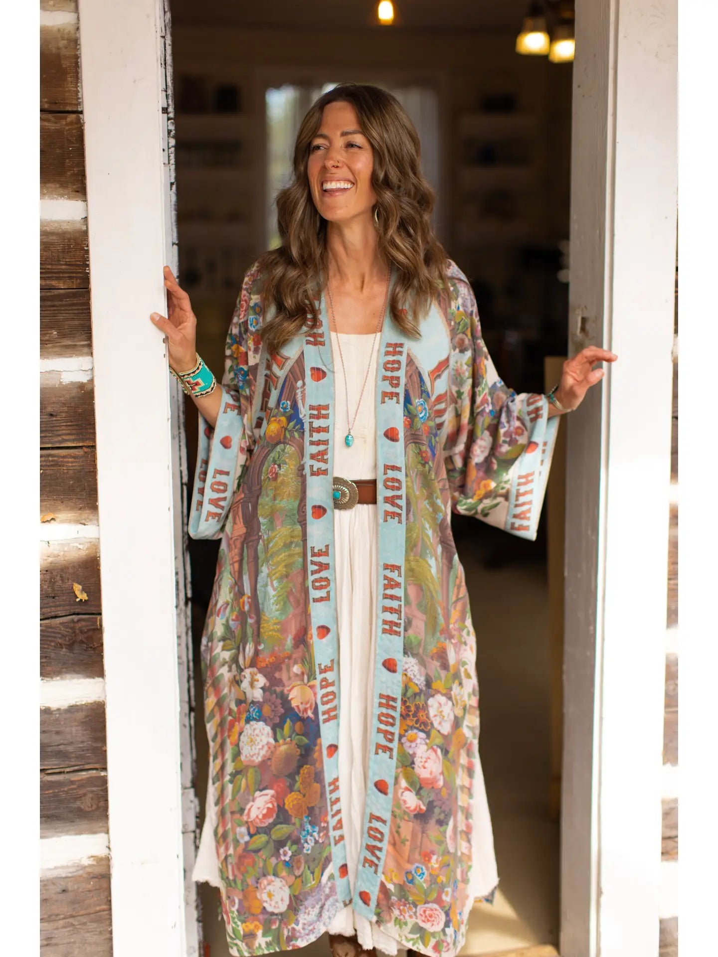 LOVE LANGUAGE PRINTED LONG BAMBOO DUSTER - KIMONO