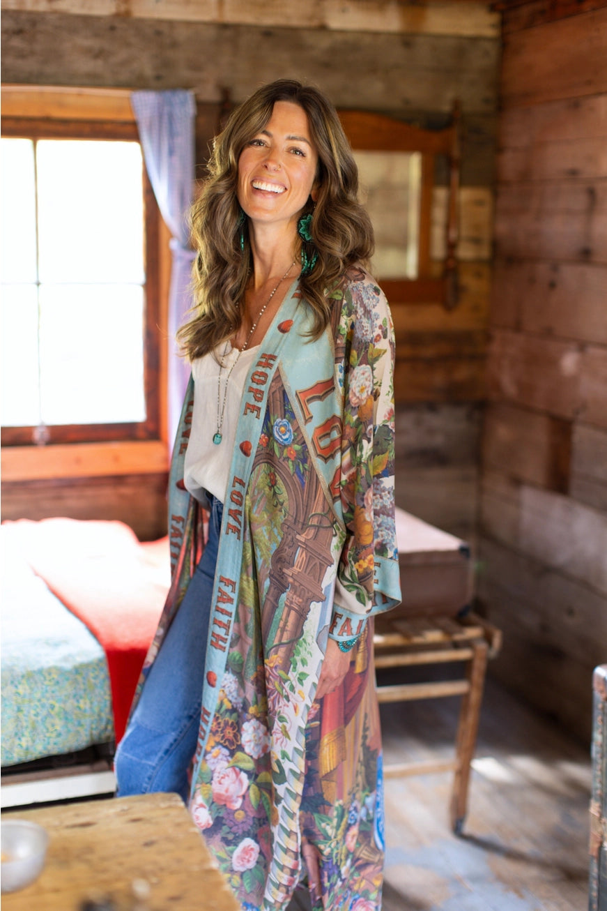 LOVE LANGUAGE PRINTED LONG BAMBOO DUSTER - KIMONO
