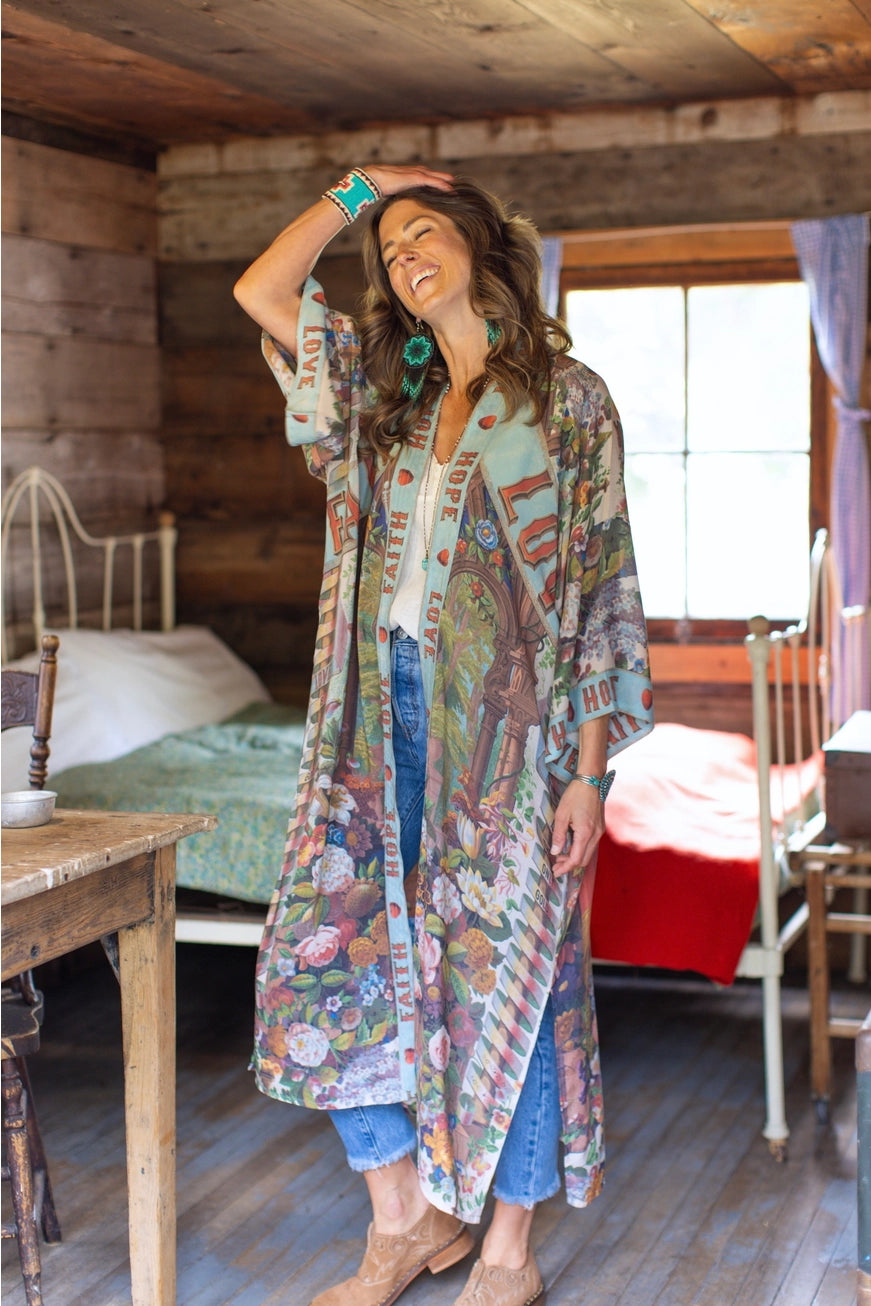 LOVE LANGUAGE PRINTED LONG BAMBOO DUSTER - KIMONO