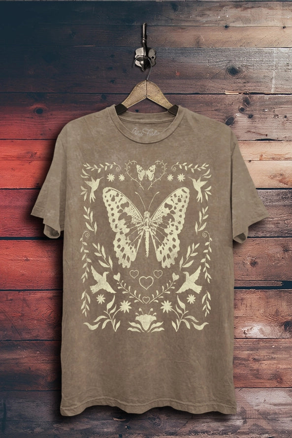 T-SHIRT - BUTTERFLY FLOWERS - MOCHA