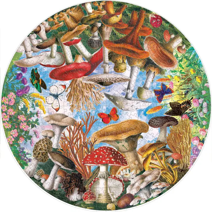 MUSHROOMS AND BUTTERFLIES - 500 PIECE ROUND JIGSAW PUZZLE