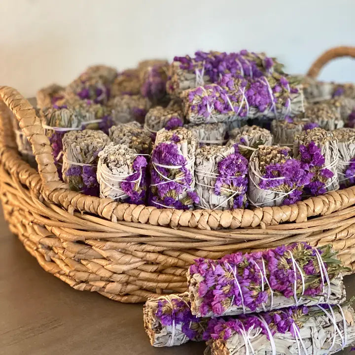 WHITE SAGE SMUDGE STICKS WITH PURPLE FLOWERS