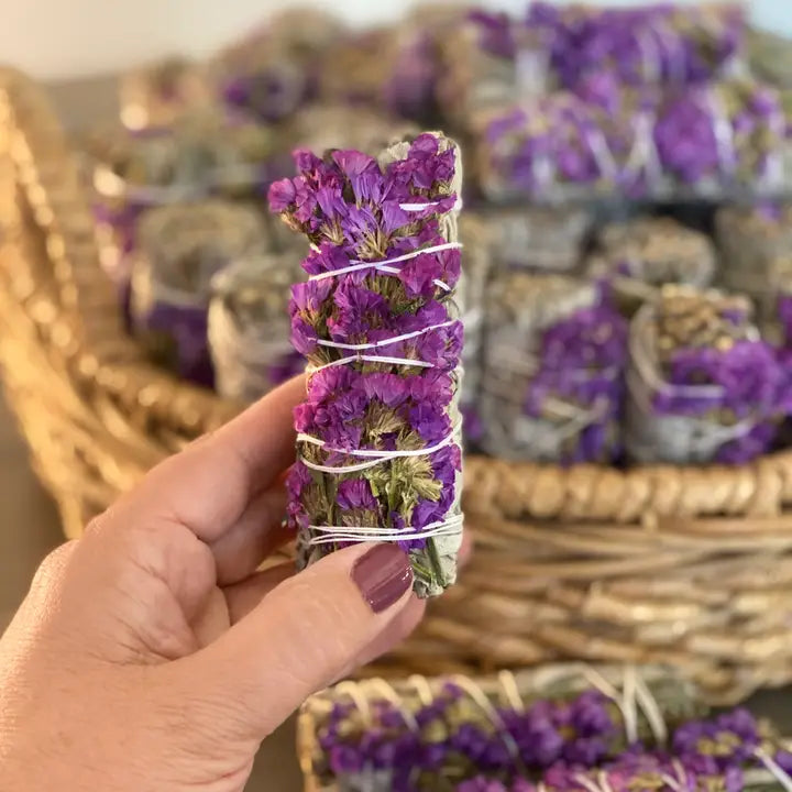 WHITE SAGE SMUDGE STICKS WITH PURPLE FLOWERS