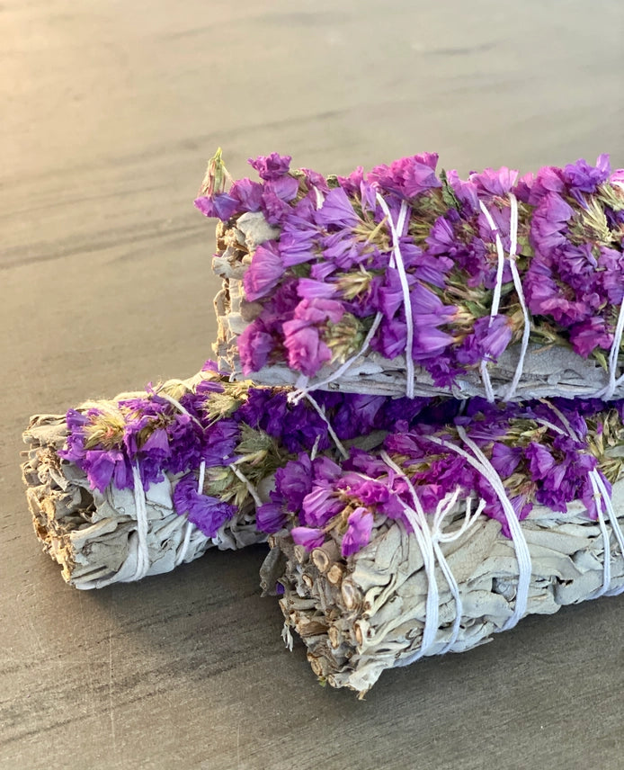 WHITE SAGE SMUDGE STICKS WITH PURPLE FLOWERS