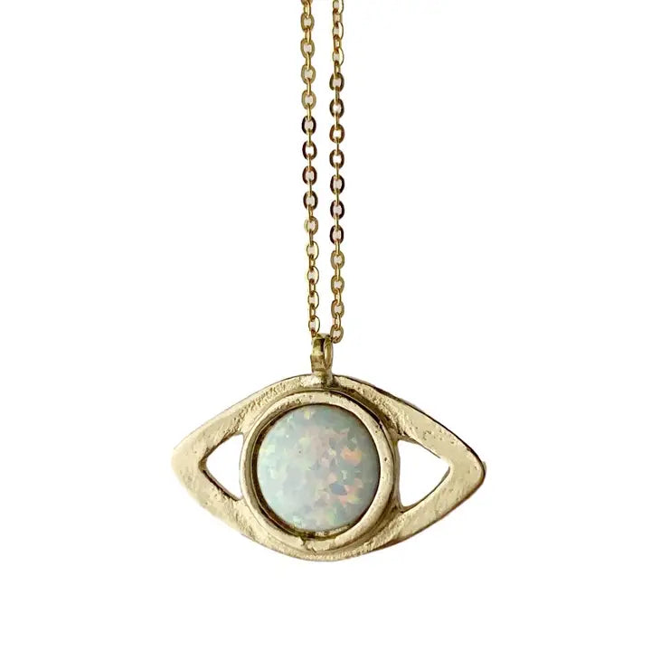 LARGE BRASS EYE NECKLACE WITH WHITE OPAL