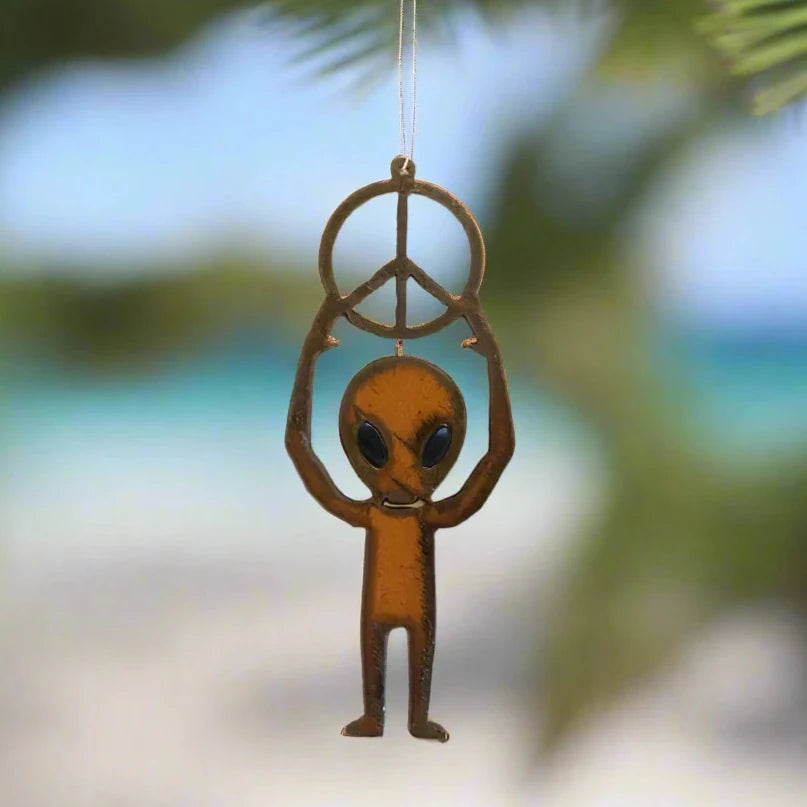 FULL BODY ALIEN HOLDING PEACE SYMBOL AREA 51 - ORNAMENT