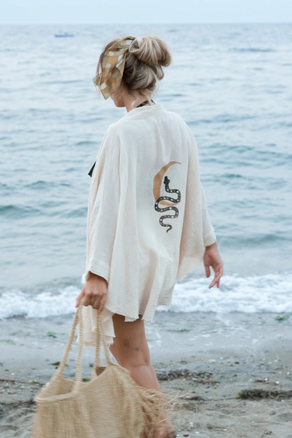 CREAM SNAKE AND MOON CELESTIAL MUSLIN ROBE - KIMONO