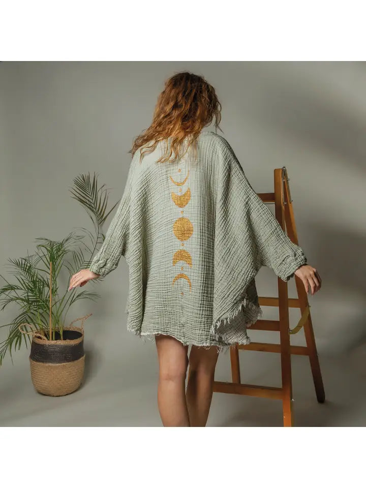 GREEN MOON PHASES MUSLIN ROBE - KIMONO