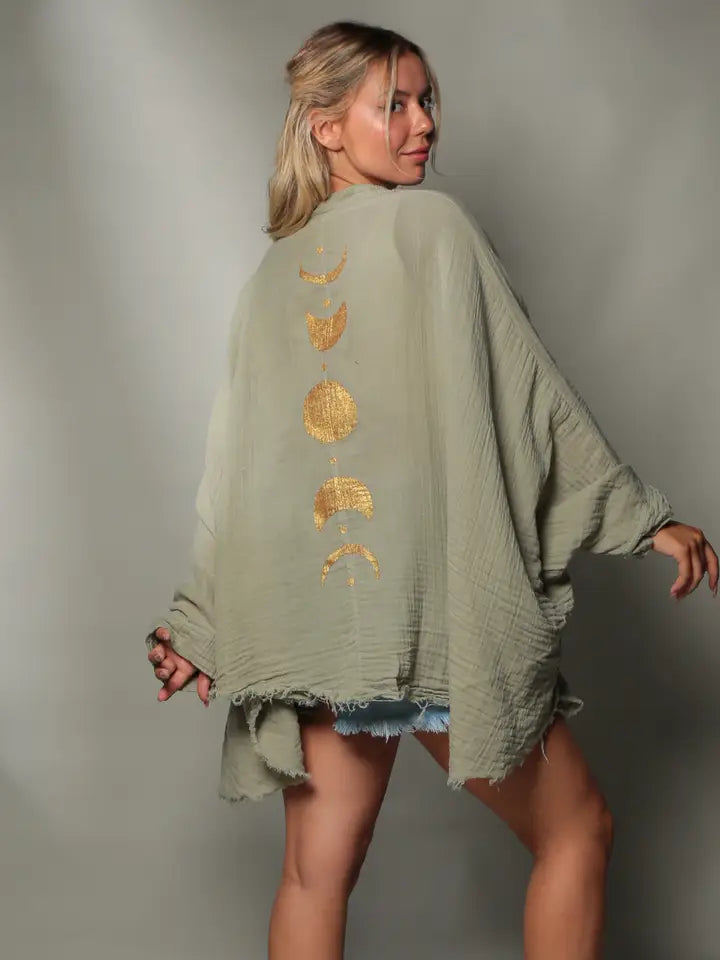 GREEN MOON PHASES MUSLIN ROBE - KIMONO