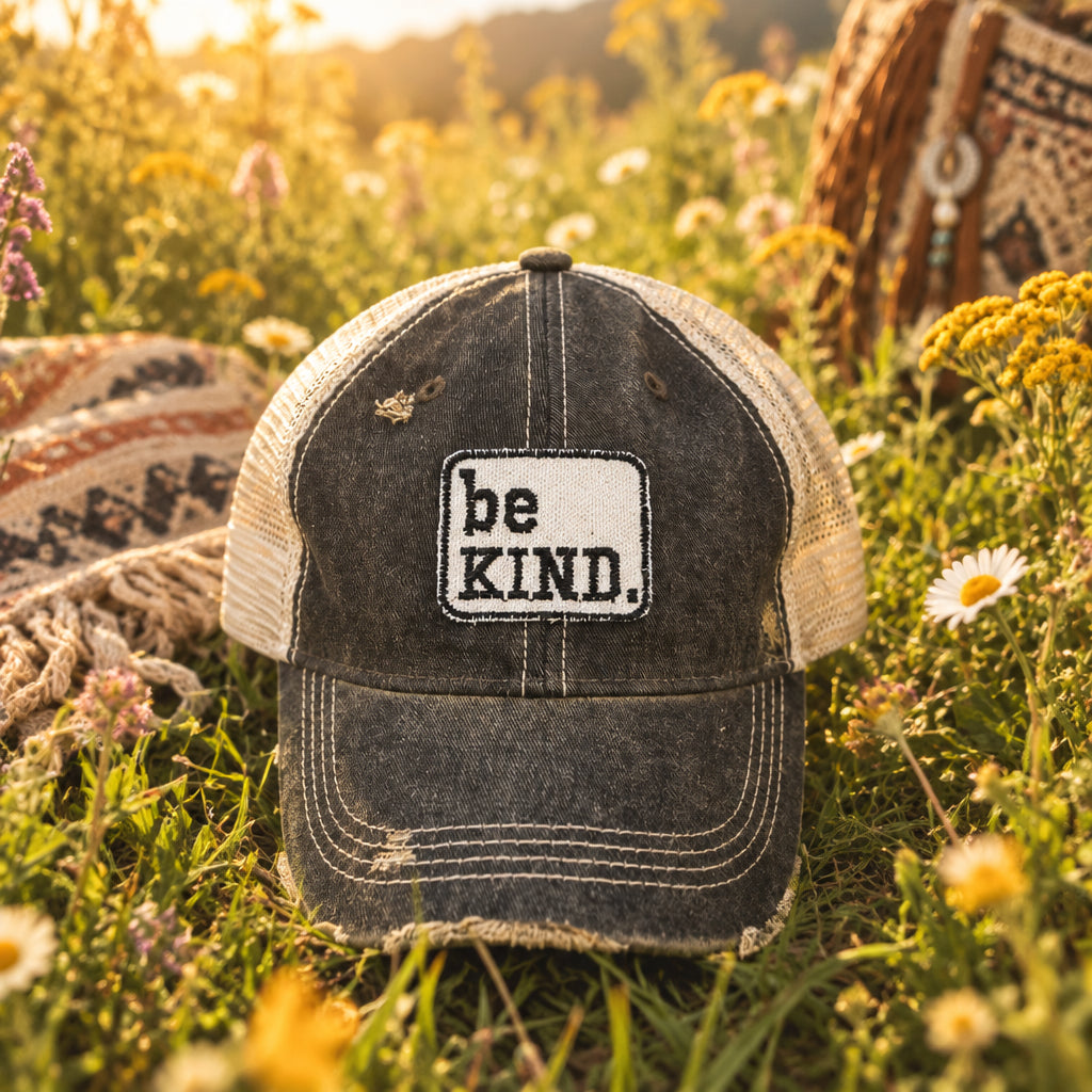 BOHO TRUCKER HAT - BE KIND - BLACK