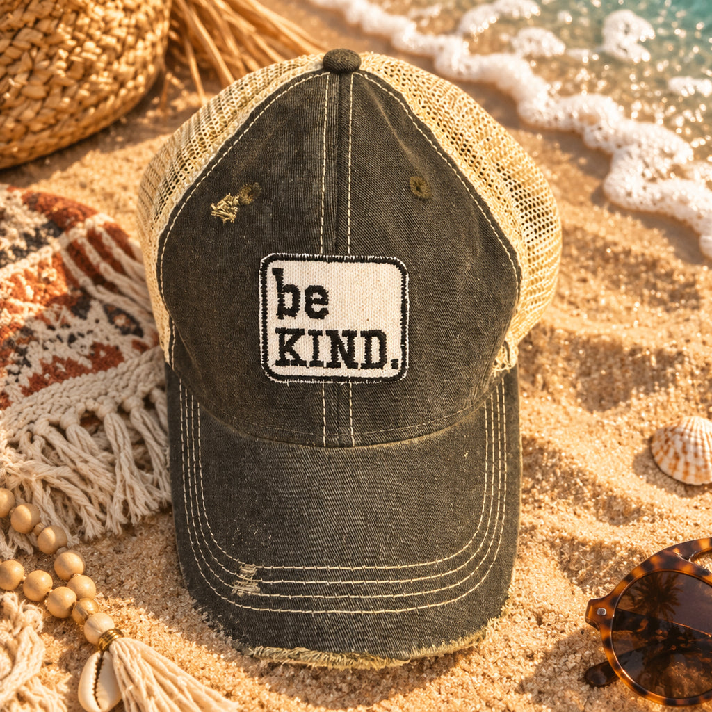 BOHO TRUCKER HAT - BE KIND - BLACK