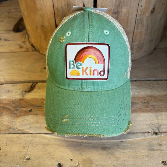 BOHO TRUCKER HAT - BE KIND RAINBOW PATCH - GREEN