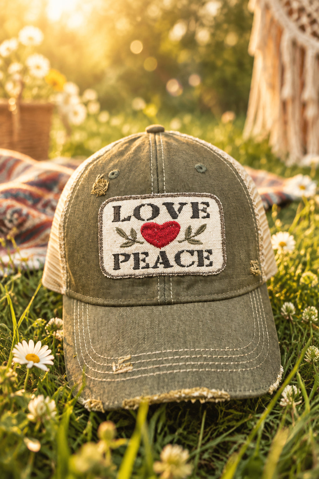 BOHO TRUCKER HAT - PEACE LOVE - GREEN
