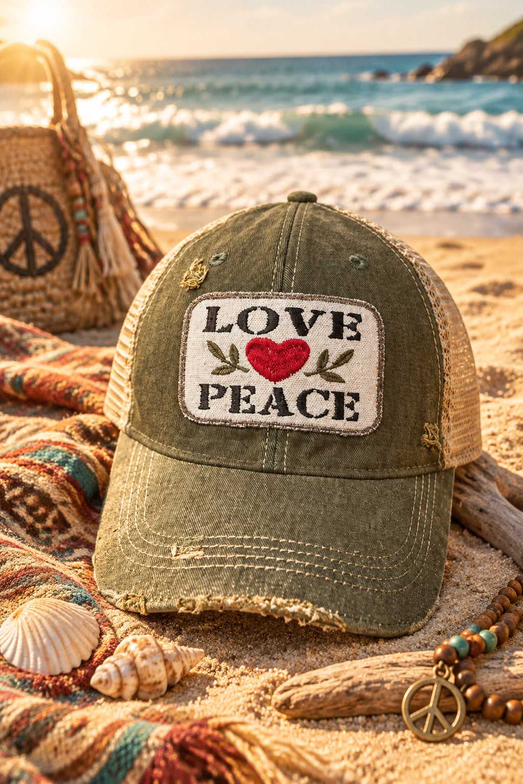 BOHO TRUCKER HAT - PEACE LOVE - GREEN