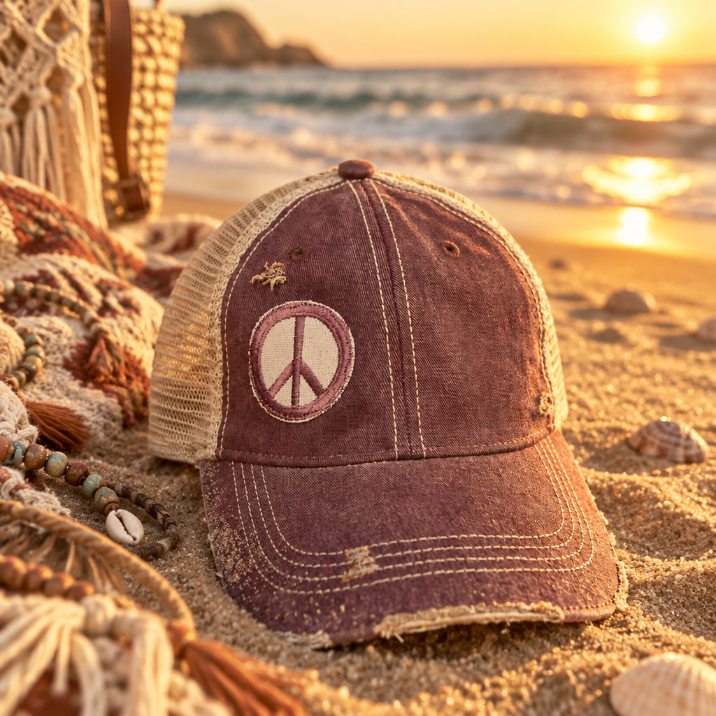 BOHO TRUCKER HAT - PEACE SIGN - MAR