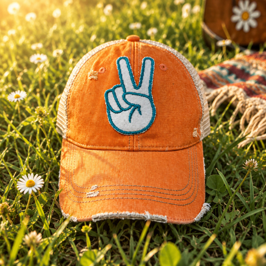 BOHO TRUCKER HAT - PEACE FINGERS - ORANGE