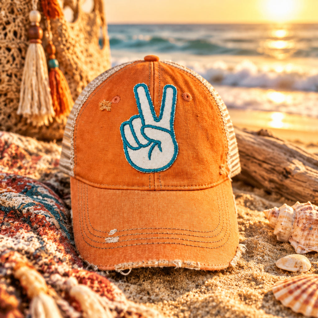 BOHO TRUCKER HAT - PEACE FINGERS - ORANGE