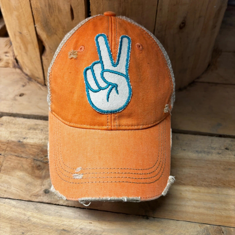 BOHO TRUCKER HAT - PEACE FINGERS - ORANGE