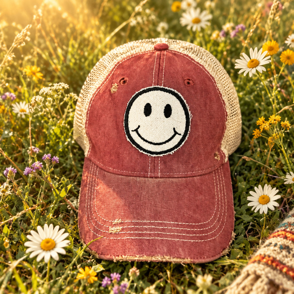 BOHO TRUCKER HAT - SMILE FACE - RED