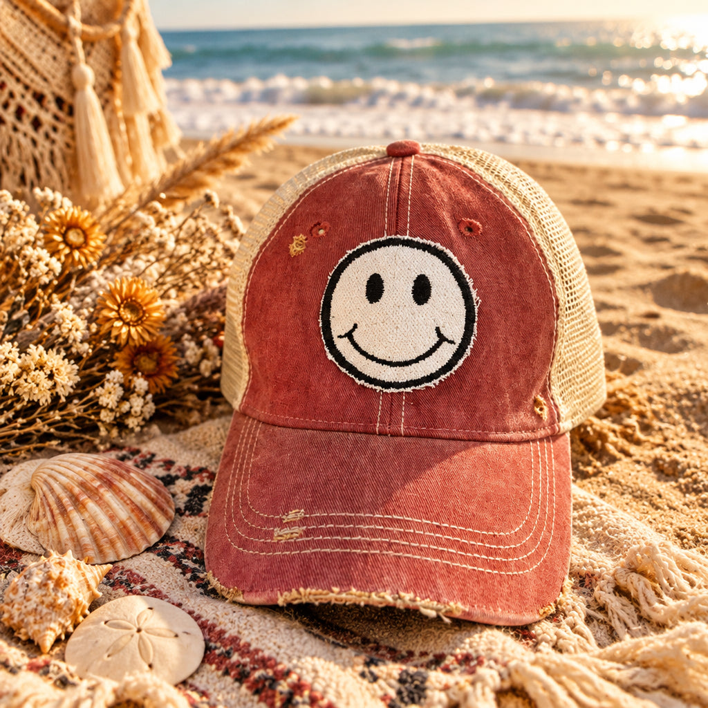 BOHO TRUCKER HAT - SMILE FACE - RED