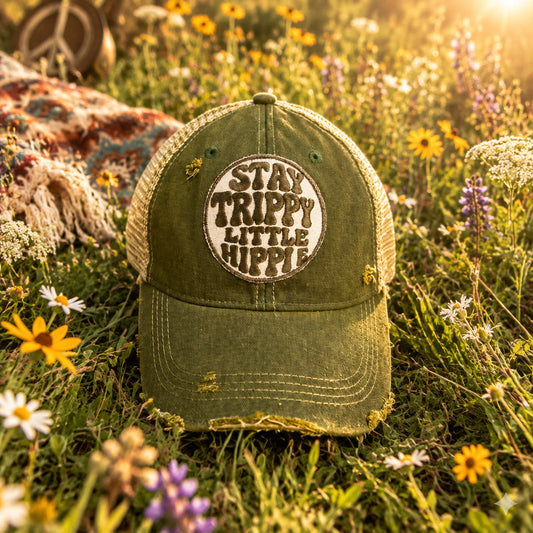 BOHO TRUCKER HAT - STAY TRIPPY LITTLE HIPPIE - GREEN