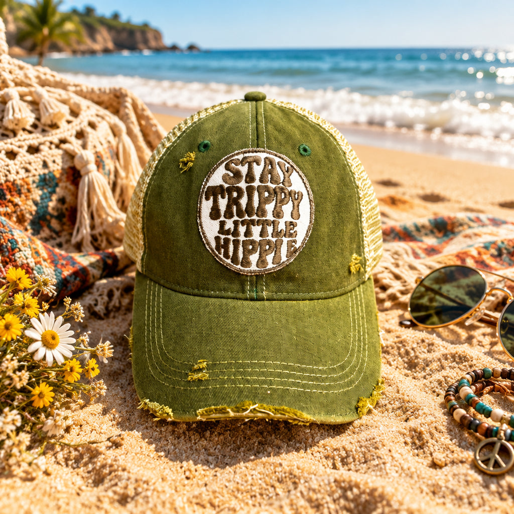 BOHO TRUCKER HAT - STAY TRIPPY LITTLE HIPPIE - GREEN