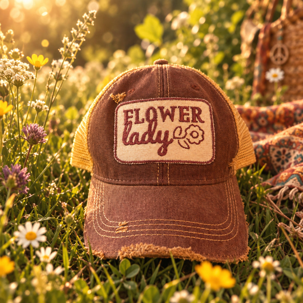BOHO TRUCKER HAT - FLOWER LADY - MAROON