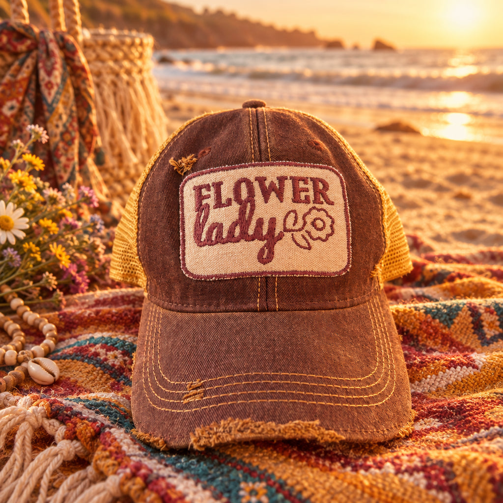 BOHO TRUCKER HAT - FLOWER LADY - MAROON