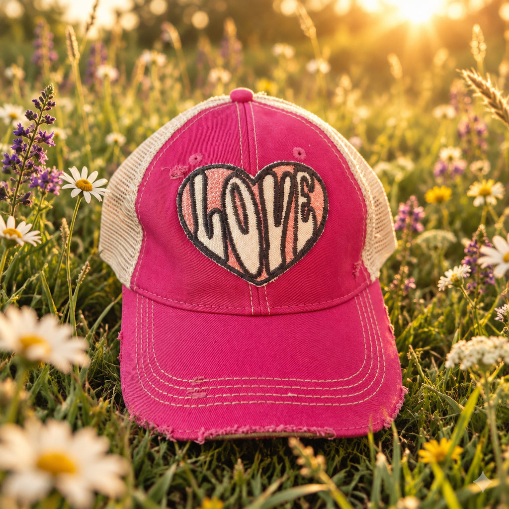 BOHO TRUCKER HAT - LOVE HEART - PINK