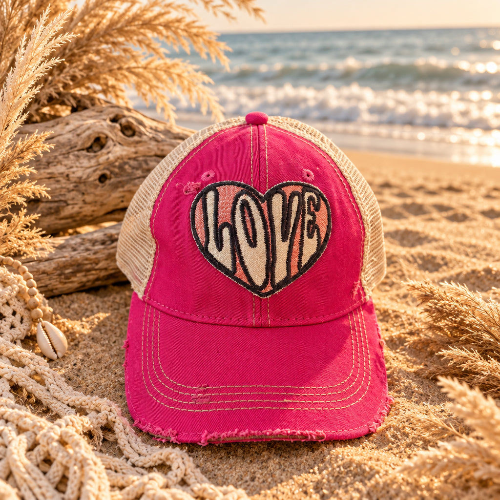 BOHO TRUCKER HAT - LOVE HEART - PINK