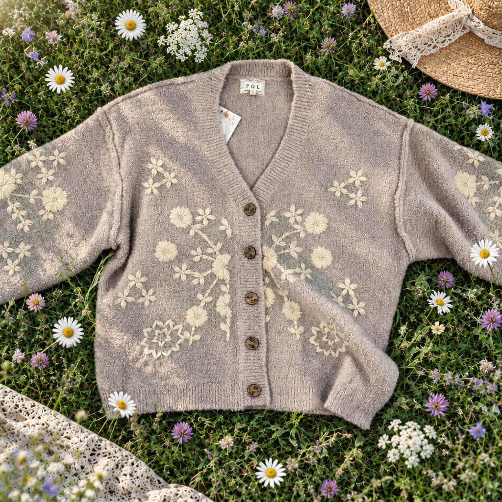 BOHO FLORAL EMBROIDERED KNIT CARDIGAN - LATTE