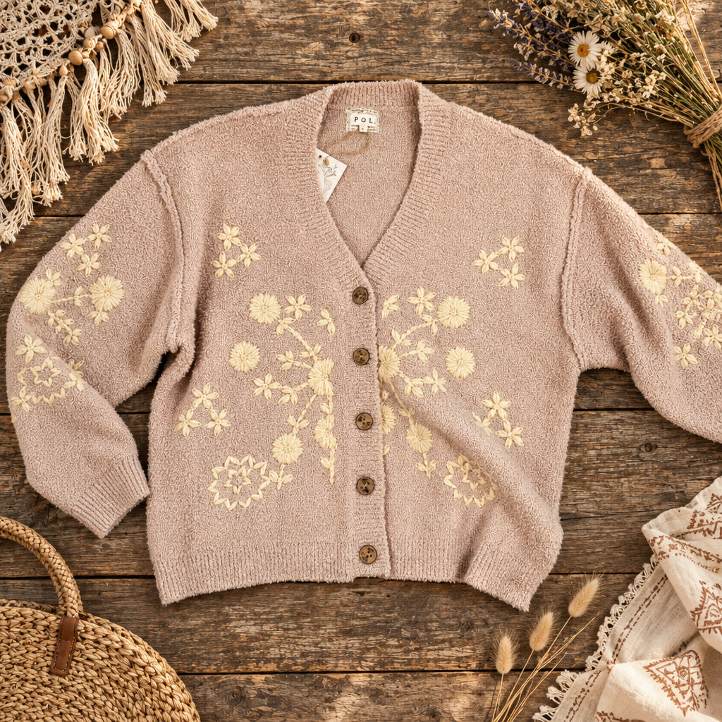 BOHO FLORAL EMBROIDERED KNIT CARDIGAN - LATTE