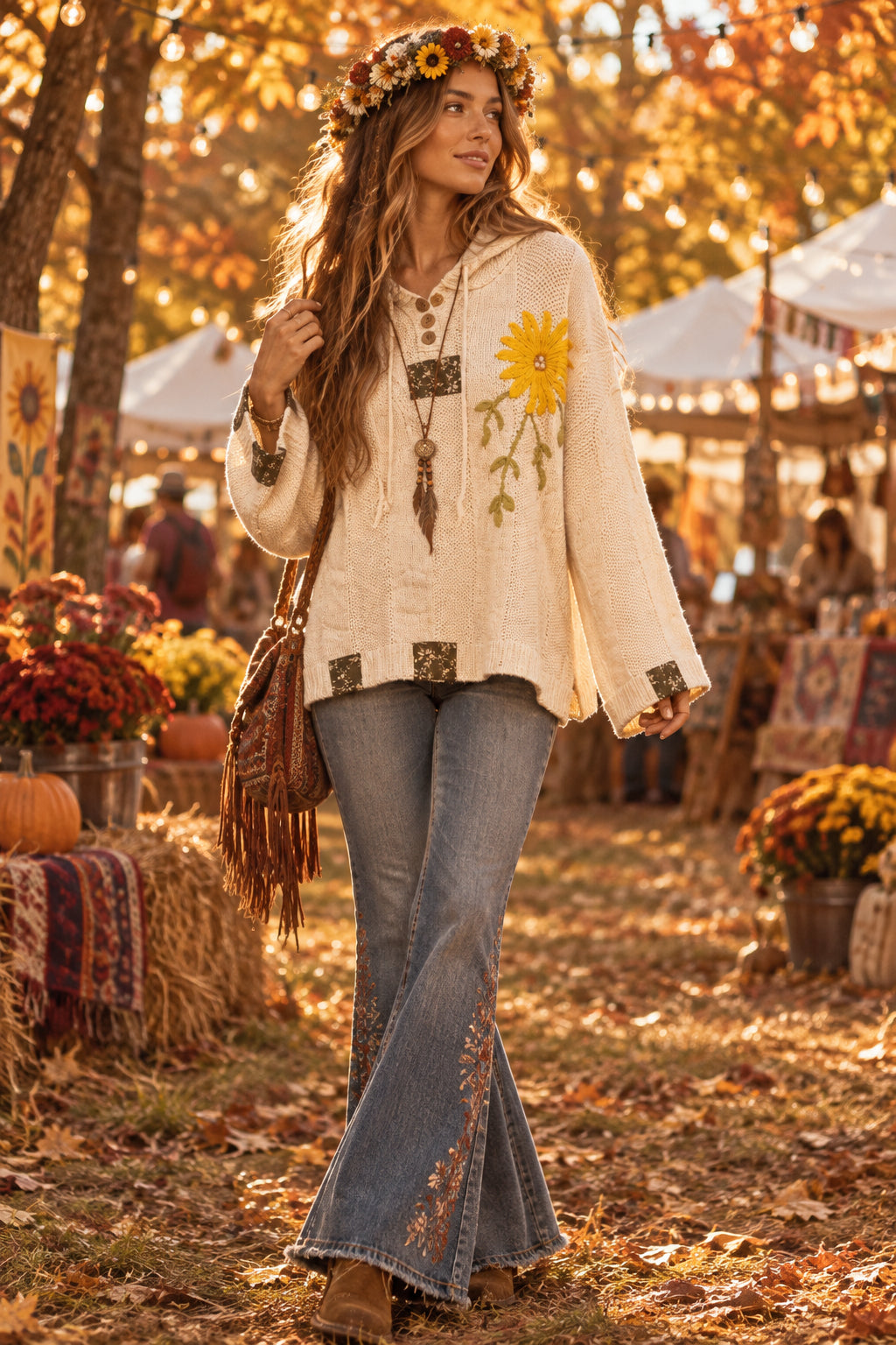 EMBROIDERED FLORAL PATCH CHENILLE HOODIE SWEATER