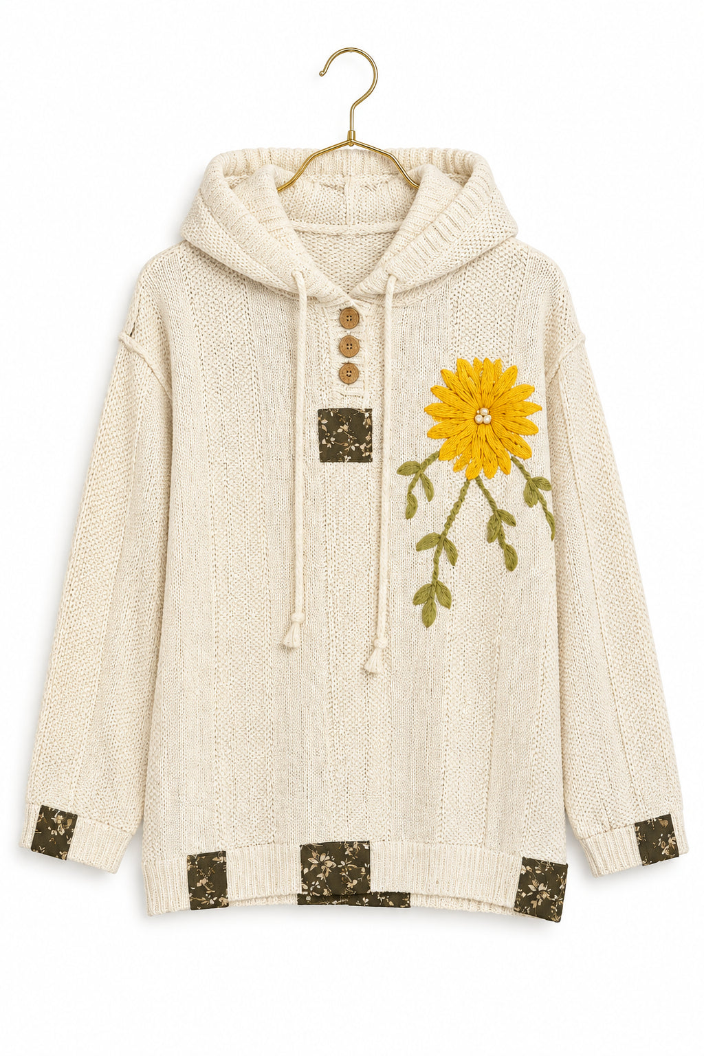 EMBROIDERED FLORAL PATCH CHENILLE HOODIE SWEATER