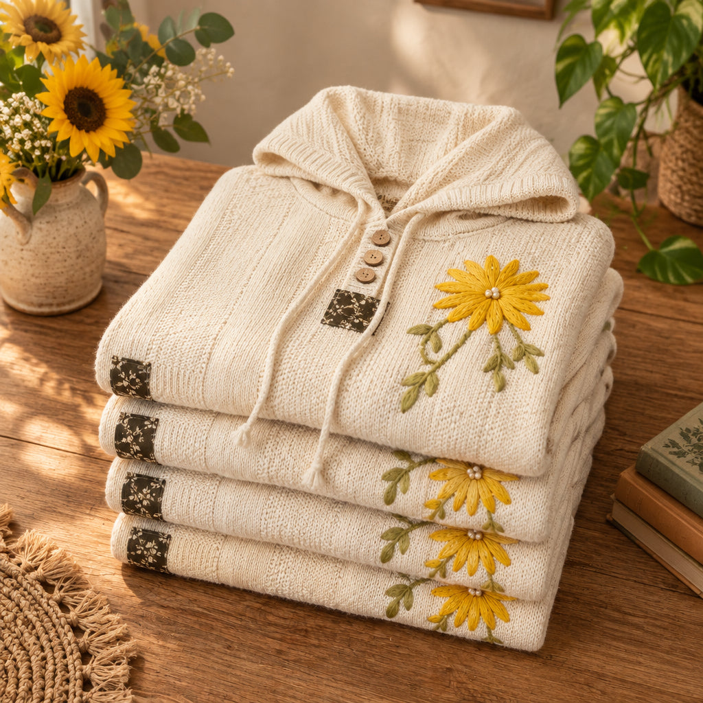 EMBROIDERED FLORAL PATCH CHENILLE HOODIE SWEATER