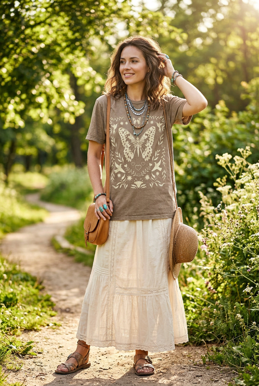 T-SHIRT - BUTTERFLY FLOWERS - MOCHA