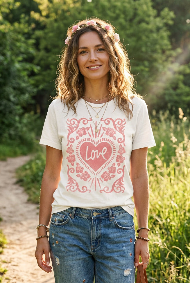 T-SHIRT - LOVE FLORAL - IVORY PINK