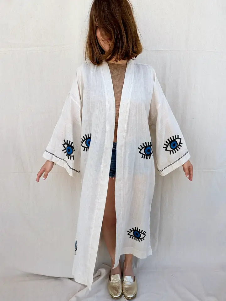 EVIL EYE LINEN KAFTAN - KIMONO