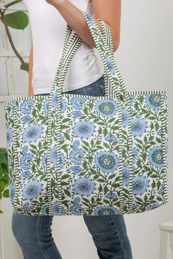 REVERSIBLE QUILTED TOTE BAGS - FLORAL - BLUE
