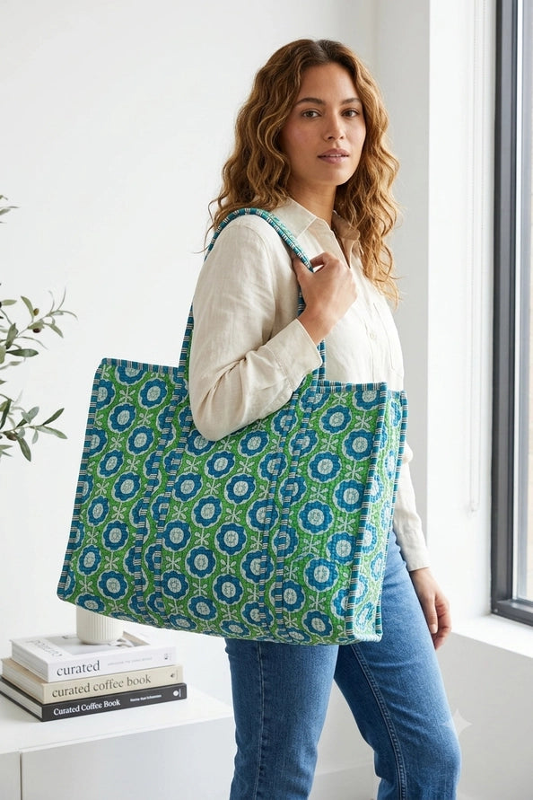 REVERSIBLE QUILTED TOTE BAGS - FLORAL - GREEN BLUE