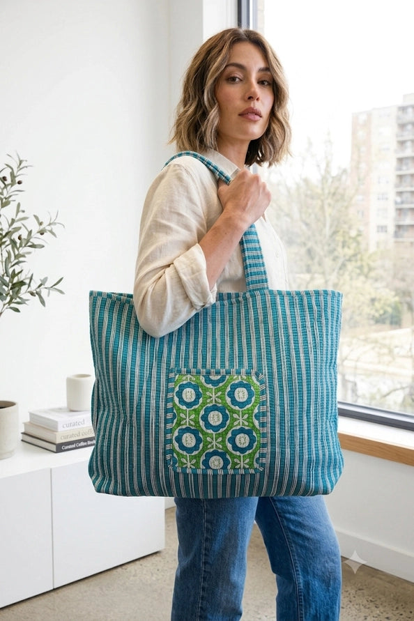 REVERSIBLE QUILTED TOTE BAGS - FLORAL - GREEN BLUE