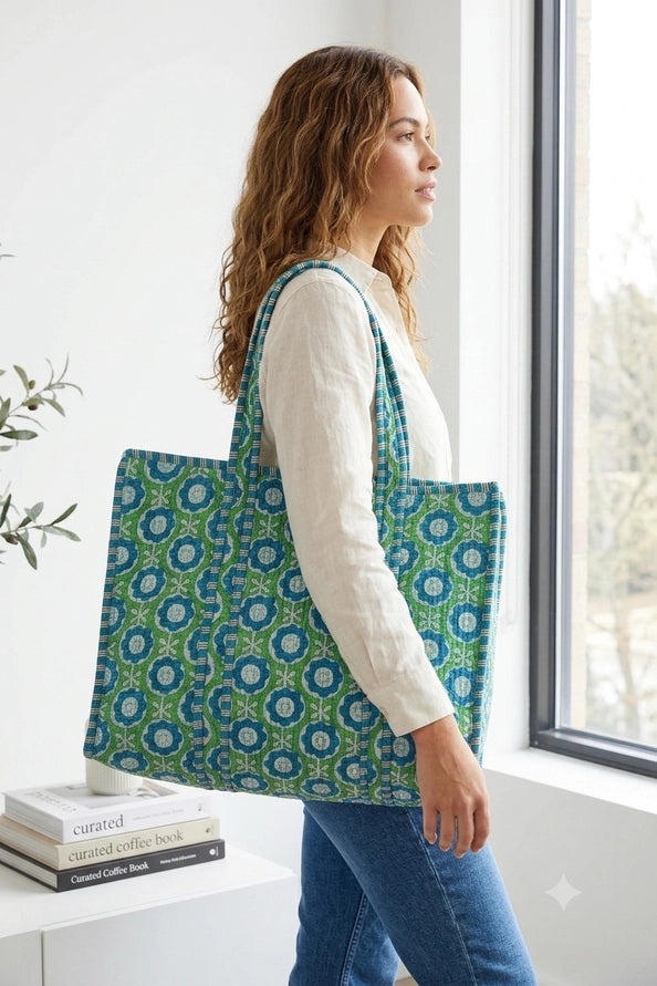 REVERSIBLE QUILTED TOTE BAGS - FLORAL - GREEN BLUE