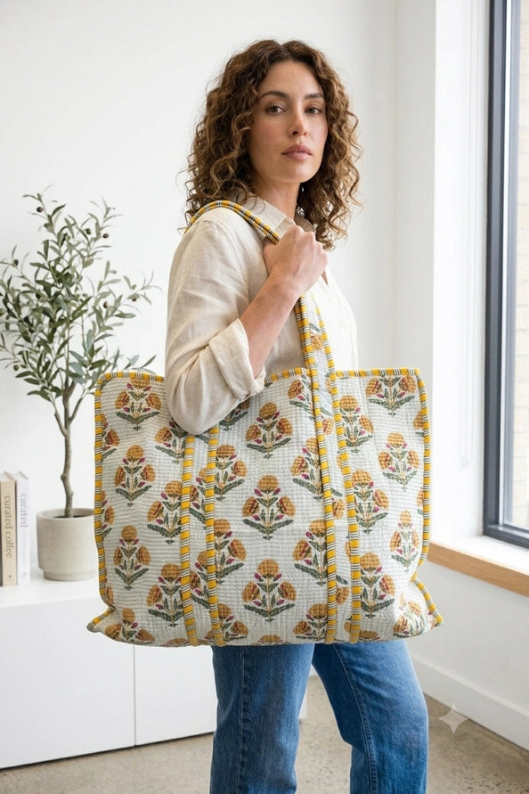 REVERSIBLE QUILTED TOTE BAGS - FLORAL - MUSTARD