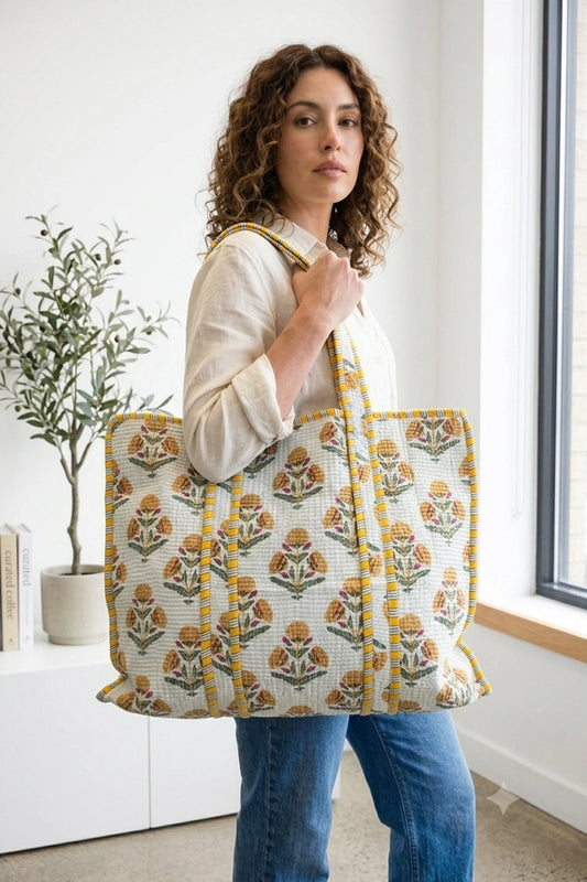 REVERSIBLE QUILTED TOTE BAGS - FLORAL - MUSTARD